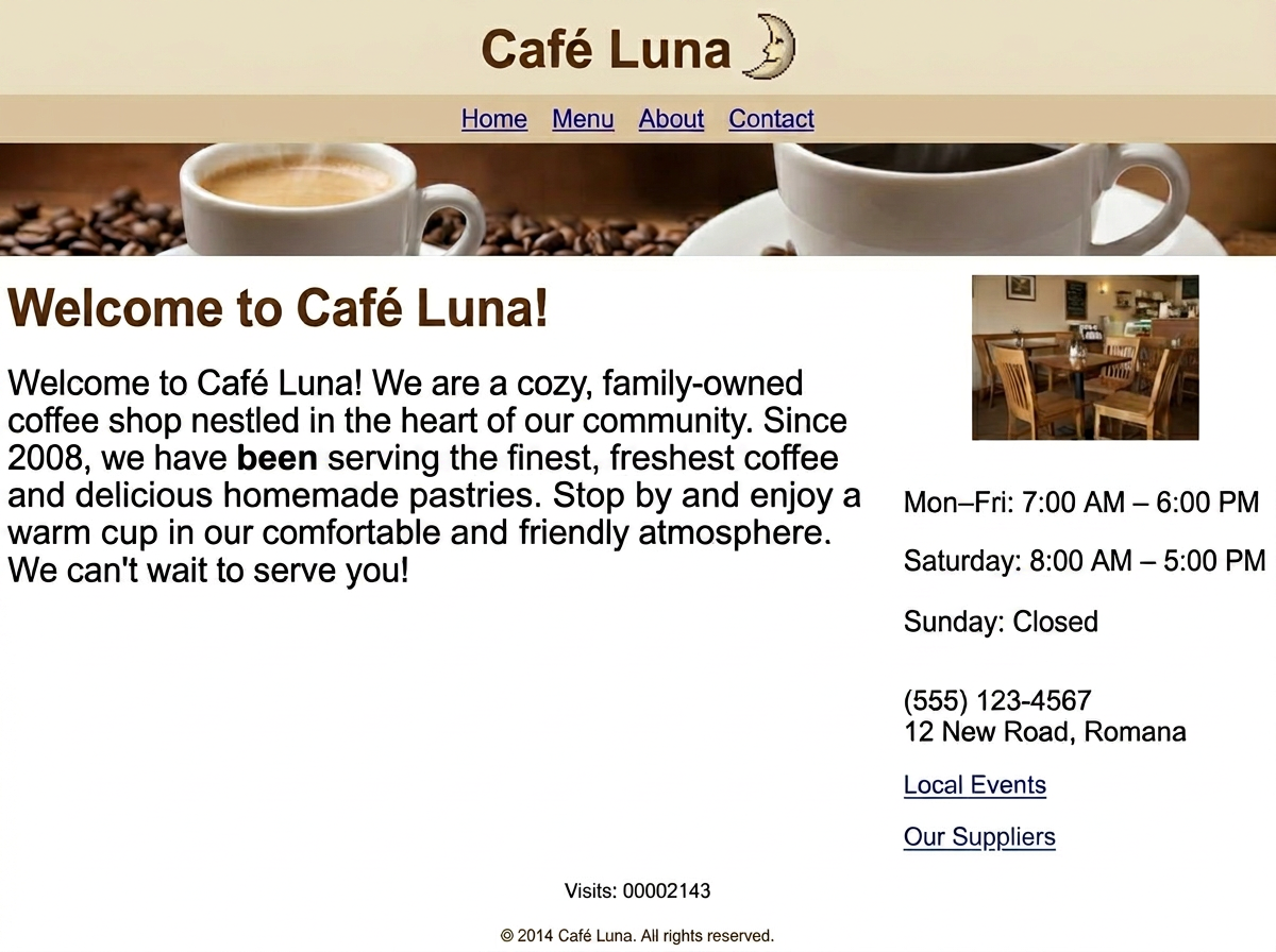 Outdated café website before redesign